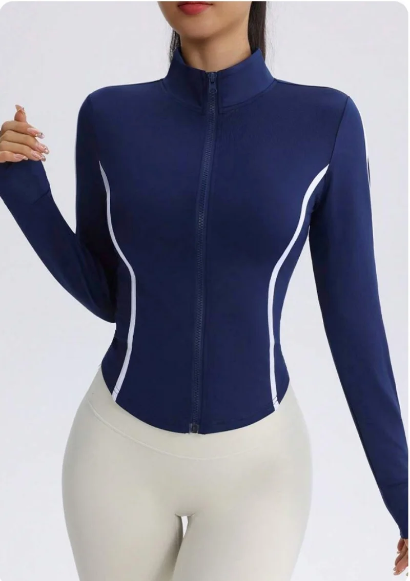 Women Navy Blue Yoga Jacket with White Contrast Stitching Slim Fit Full Zip Up Track Jacket High Neck Activewear Top for Workout image 6