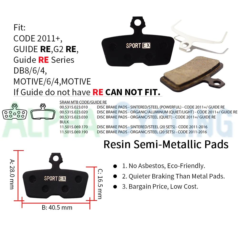4 Pairs, Bicycle Brake Pads for SRAM Motive CODE R (2011 to Now) DB 4 pistons Caliper, Sport Ex Resin