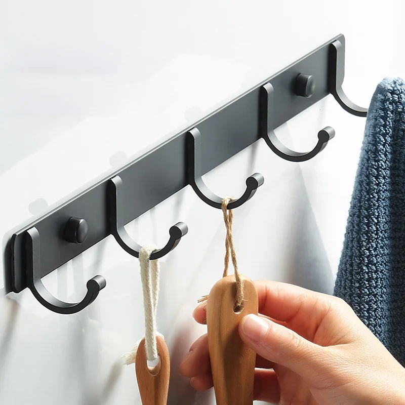 Space Aluminum Black Hook Bathroom Towel Hook Door Hanger Clothes Coat Hanger Wall Hook For Hanging Row Hook Self Adhesive Hooks