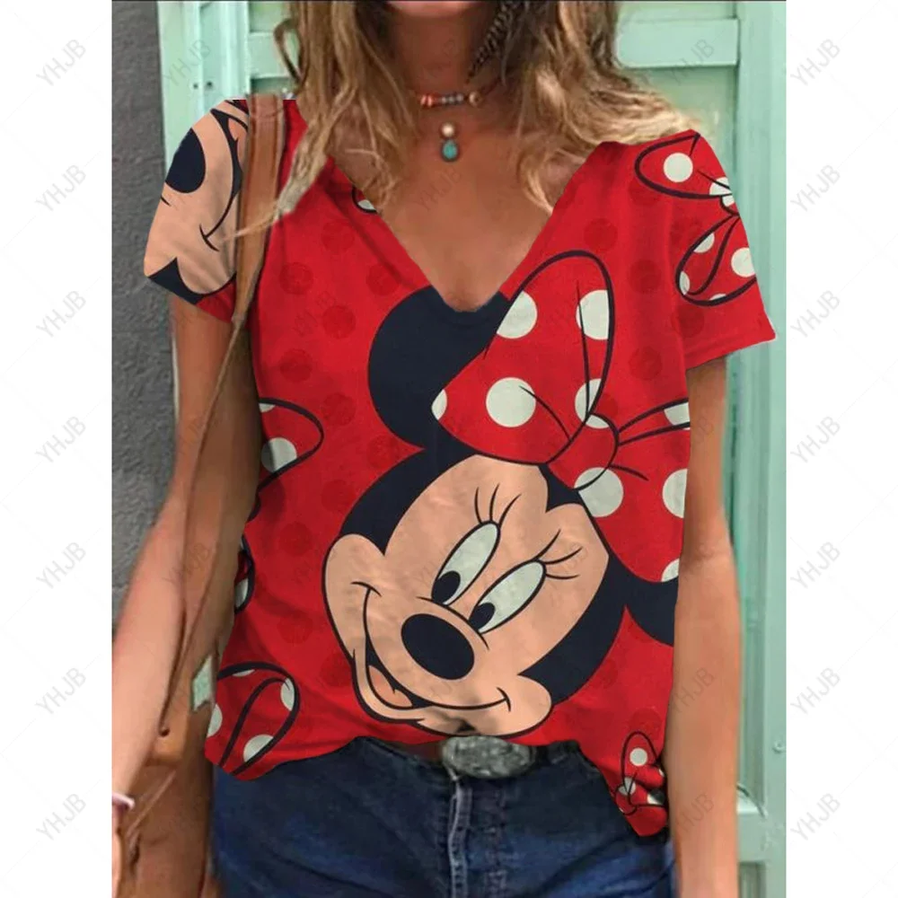 Summer New Women T Shirt Disney Minnie Mickey Mouse Print V-neck Short Sleeve Blouse Fashion Plus Size T-shirts For Women Top