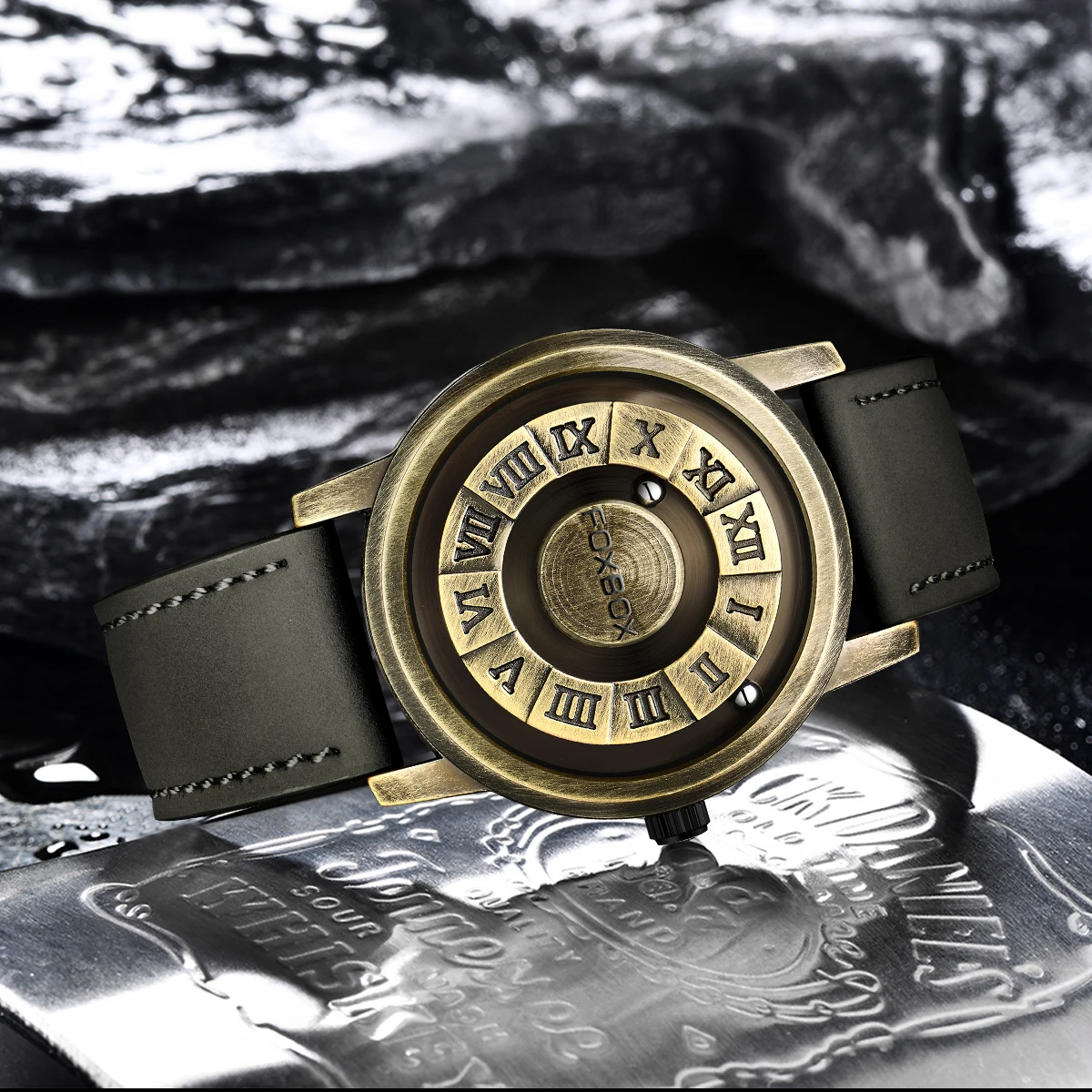 FOXBOX Men Unique Magnetic Ball Quartz Watch No Pointer Creative Dial Wristwatch Leather Strap Fashion Sports Clock Gift for Men