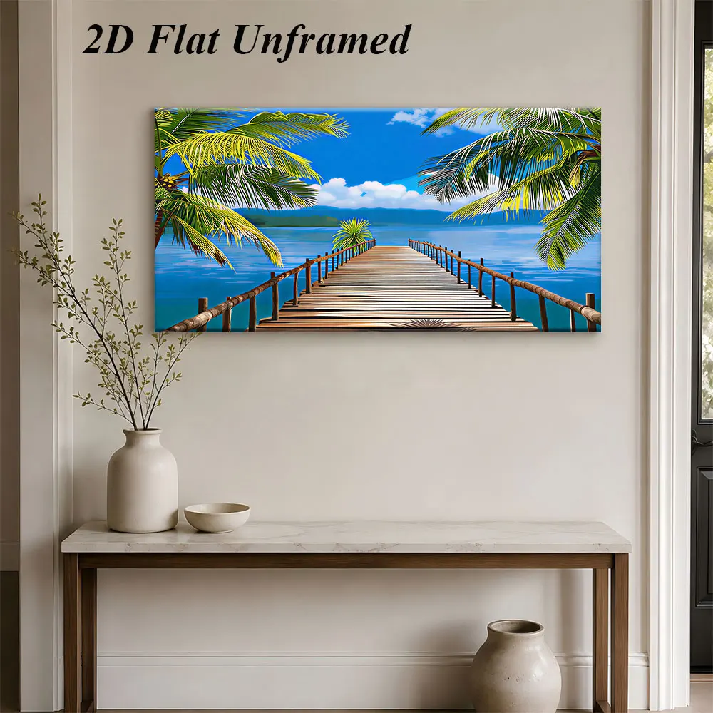 (1PC Unframe)1 Tropical Beach Pier Frameless Decorative Painting Modern Minimalist Decorative Painting 2D Plan