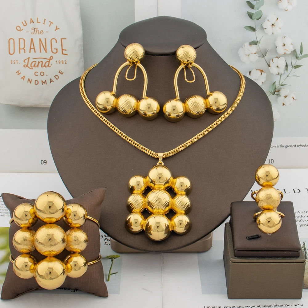 

Luxury Gold Color Jewelry Set Women Nine Beads Large Earrings Bracelet Ring Necklace African Dubai Fashion Italy Christmas Gift