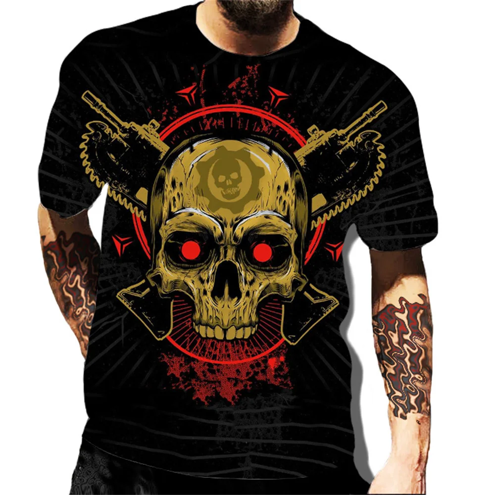 Summer Retro Skull 3D Print Men\'s Gothic Retro Harajuku Large Casual Short sleeved Street Punk Style T-shirt