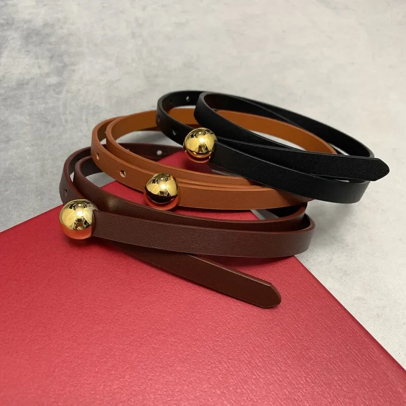 

Waist decoration simple belt female head layer cowhide leather high texture women's round bead buckle 1.2 thin waist belt