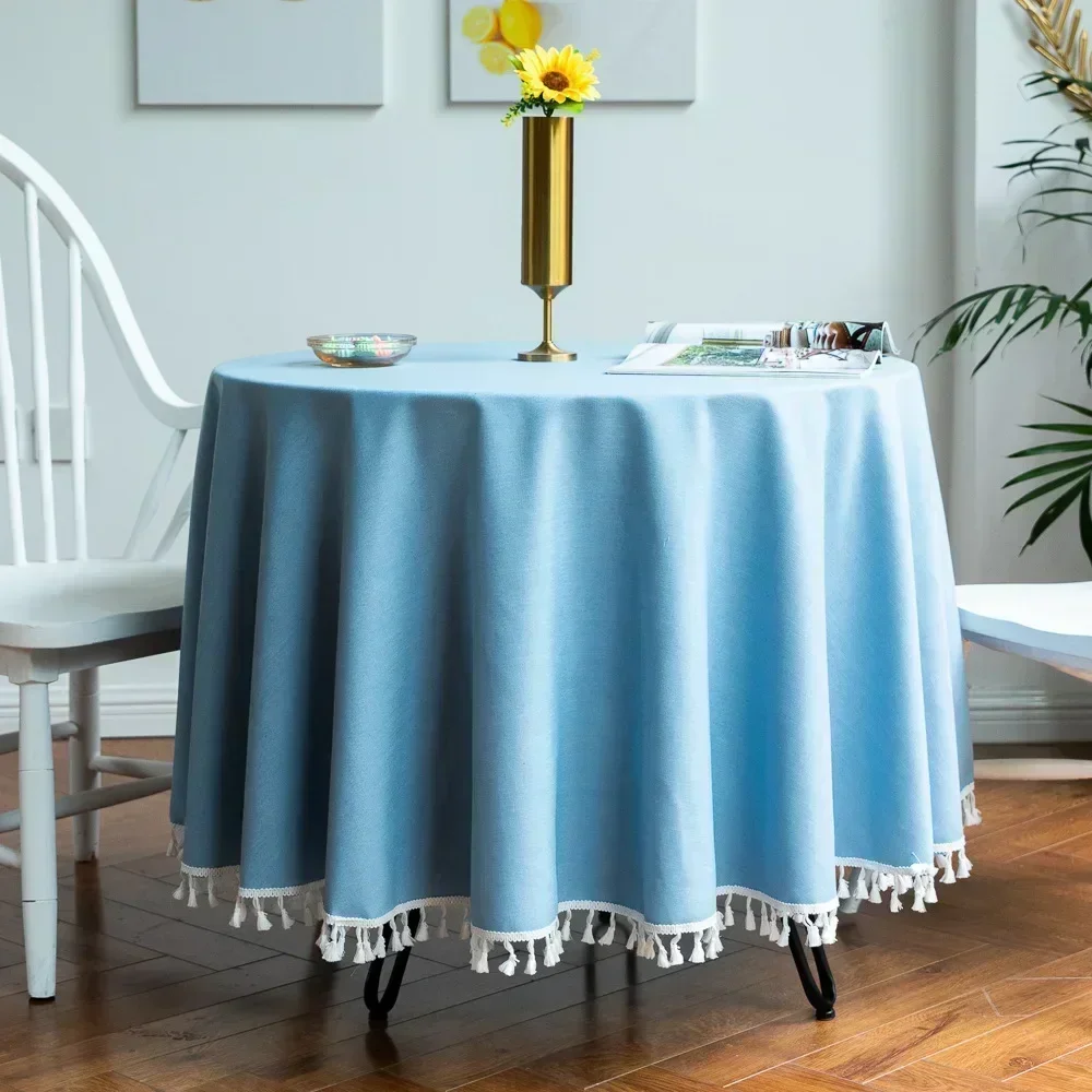 

round tablecloth, lace round dust-proof restaurant tablecloth plain cotton linen table mat skyblue