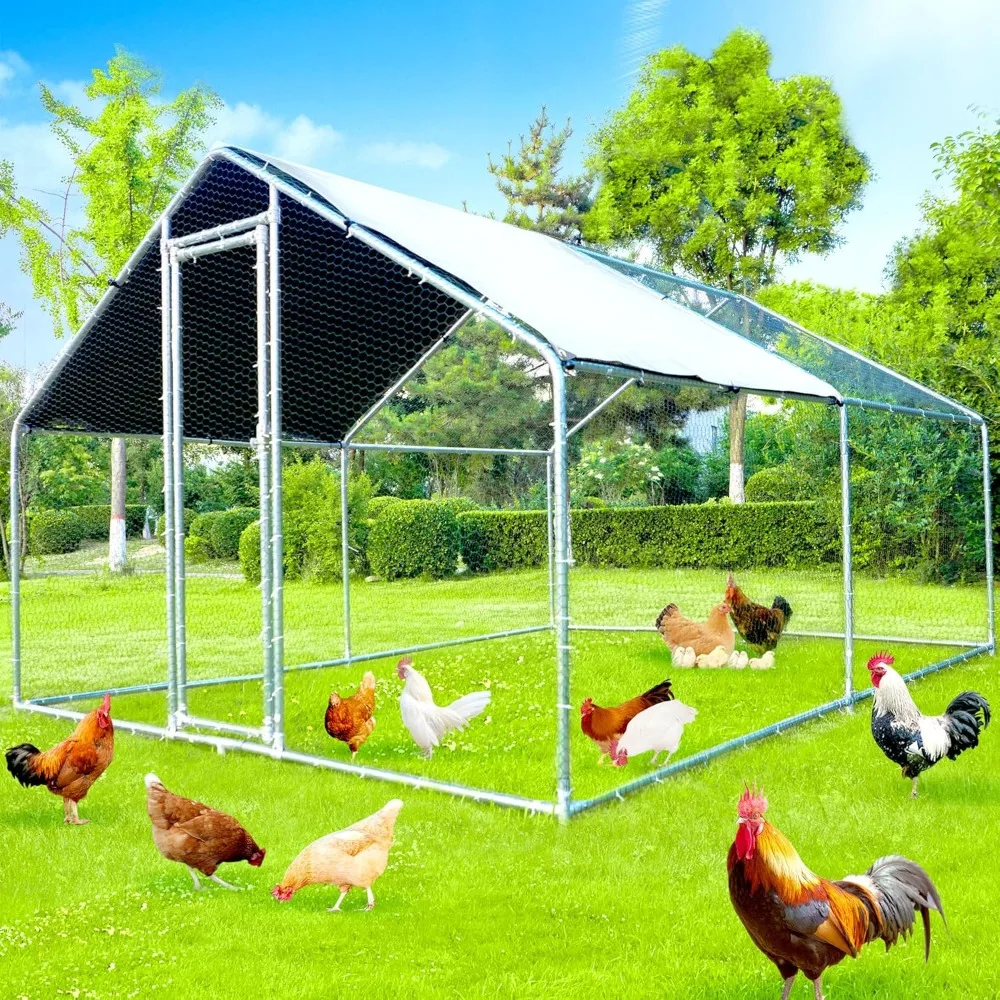 

12.8Lx9.84Wx6.6H FT Metal Chicken Coops for 8/10/16 Chickens with Run, Walk in Chicken Run Chicken Pen with Cover and Door