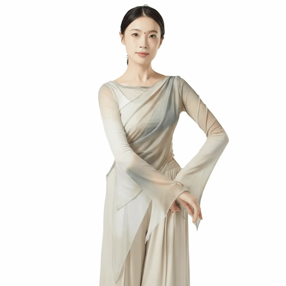 Long Slit Classical Dance Mesh Top Slim Fit Prints Saree Blouse Flowy Design Gauze Material Chinese Hanfu Women Dance Wear