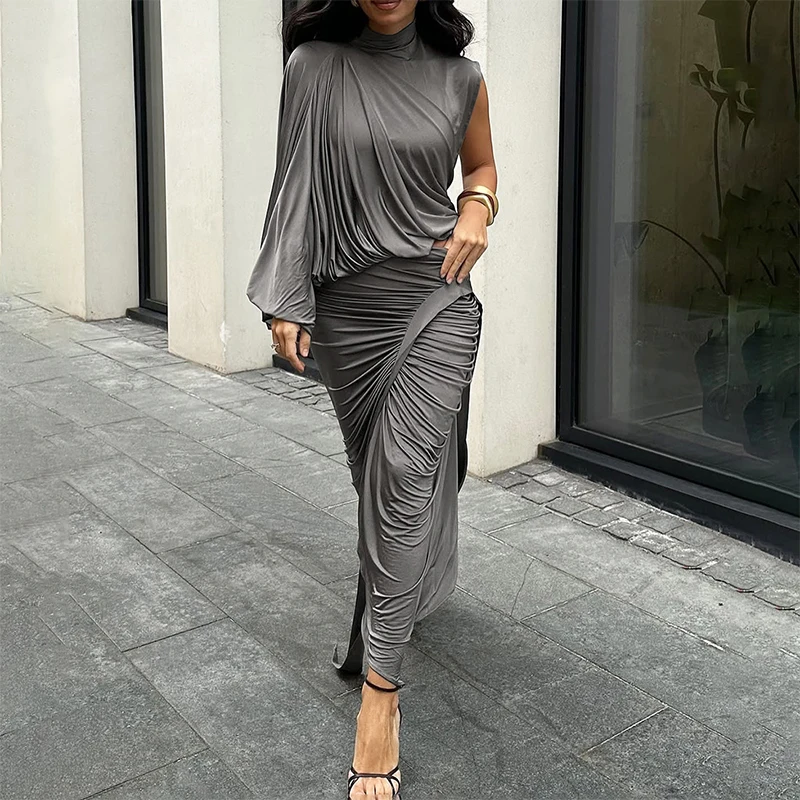 OMSJ 2025 Two Piece Temperament Sets One-shoulder Half High Neck Tops+Draped Skirts Asymmetric Outfit Party Office Lady Clothing