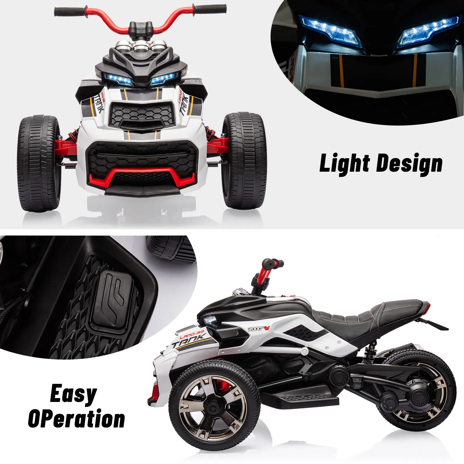 12V Kids Ride On ATV, 3 Wheeler Motorcycle Tricycle Rechargeable Battery-Powered ATV Toy Car w/ Music, Headlights for Boys Girls