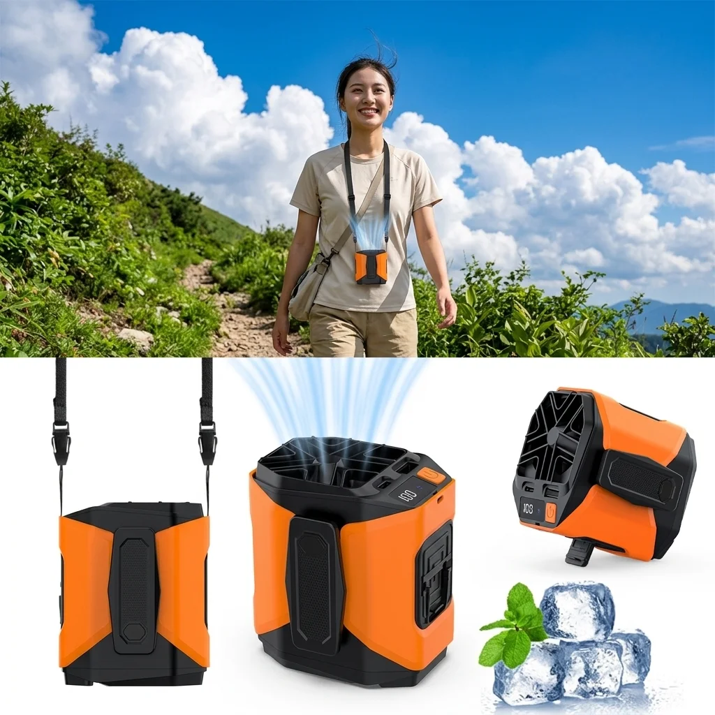 Waist Fan with Power Bank Lighting 5 Speeds Portable Fan Hands Free Rechargeable Fan Battery Level Display USB Charging Fan