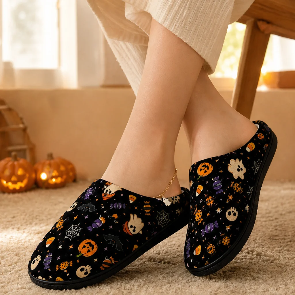 Men Women Halloween Casual Soft Lining Slipper Indoor House Shoes Slip-On Warm Flannel Unisex Non-slip Sole Comfort Home Shoes