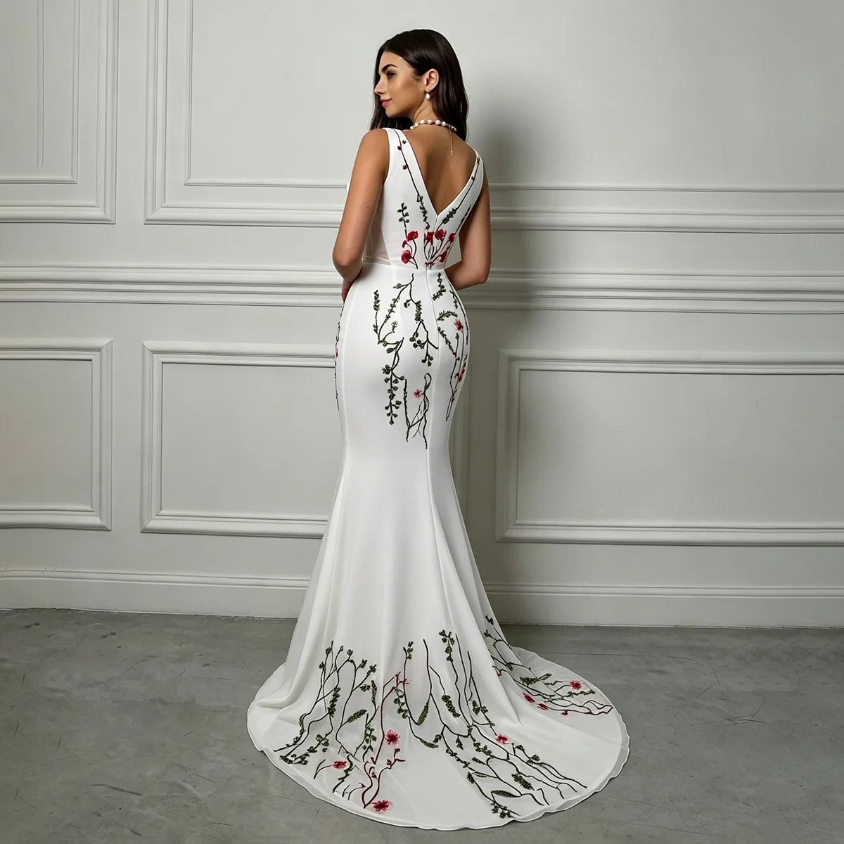 Real Photos Mermaid Embroidered Colorful Wedding Dress Customized Deep V Sleeveless Ivory Chiffon Sexy Lace Boho Bridal Gowns