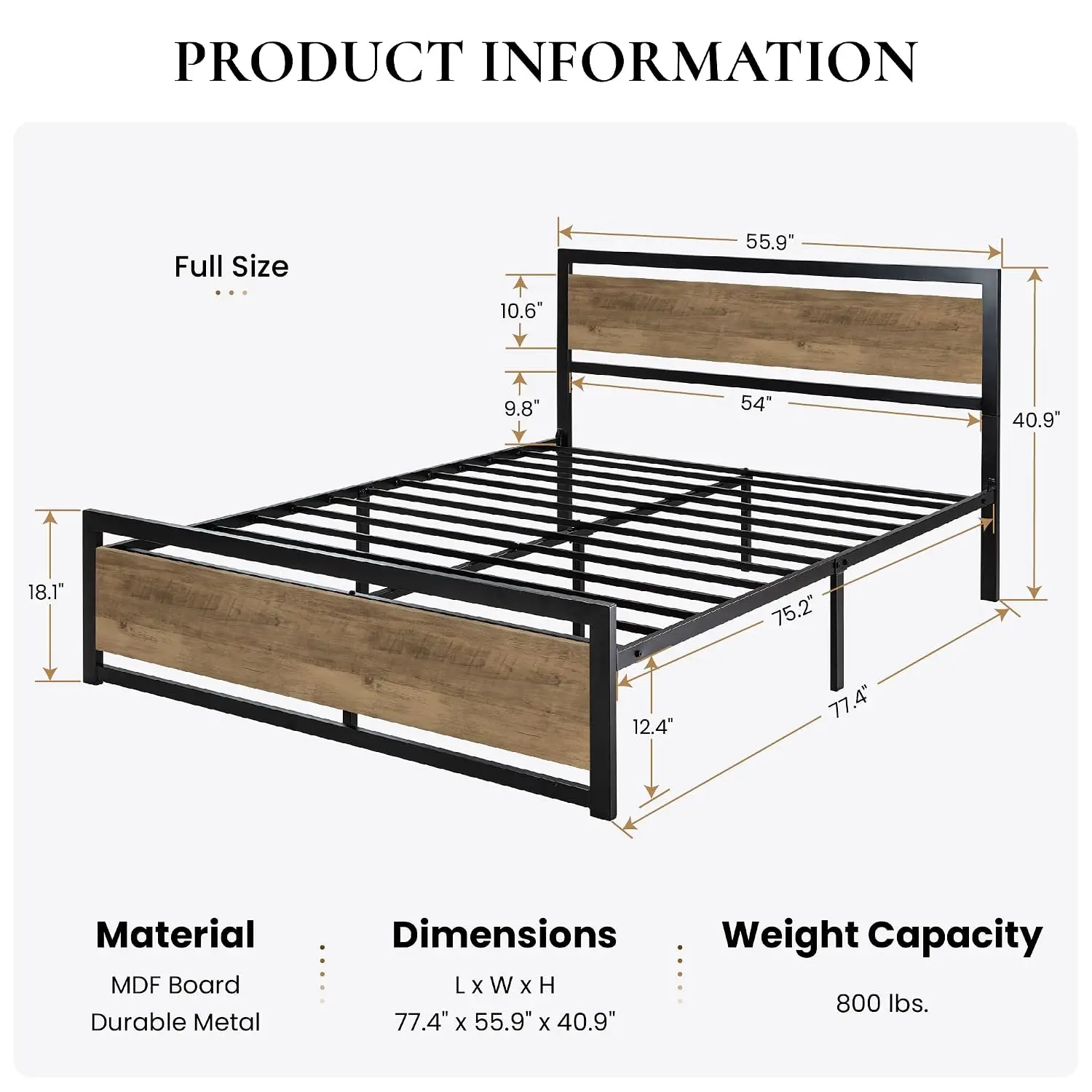 Heavy Duty Full Size Bed Frame Modern Headboard Brown Platform Metal Base Square Footboard 13 Slats No Box Spring Needed, Custom