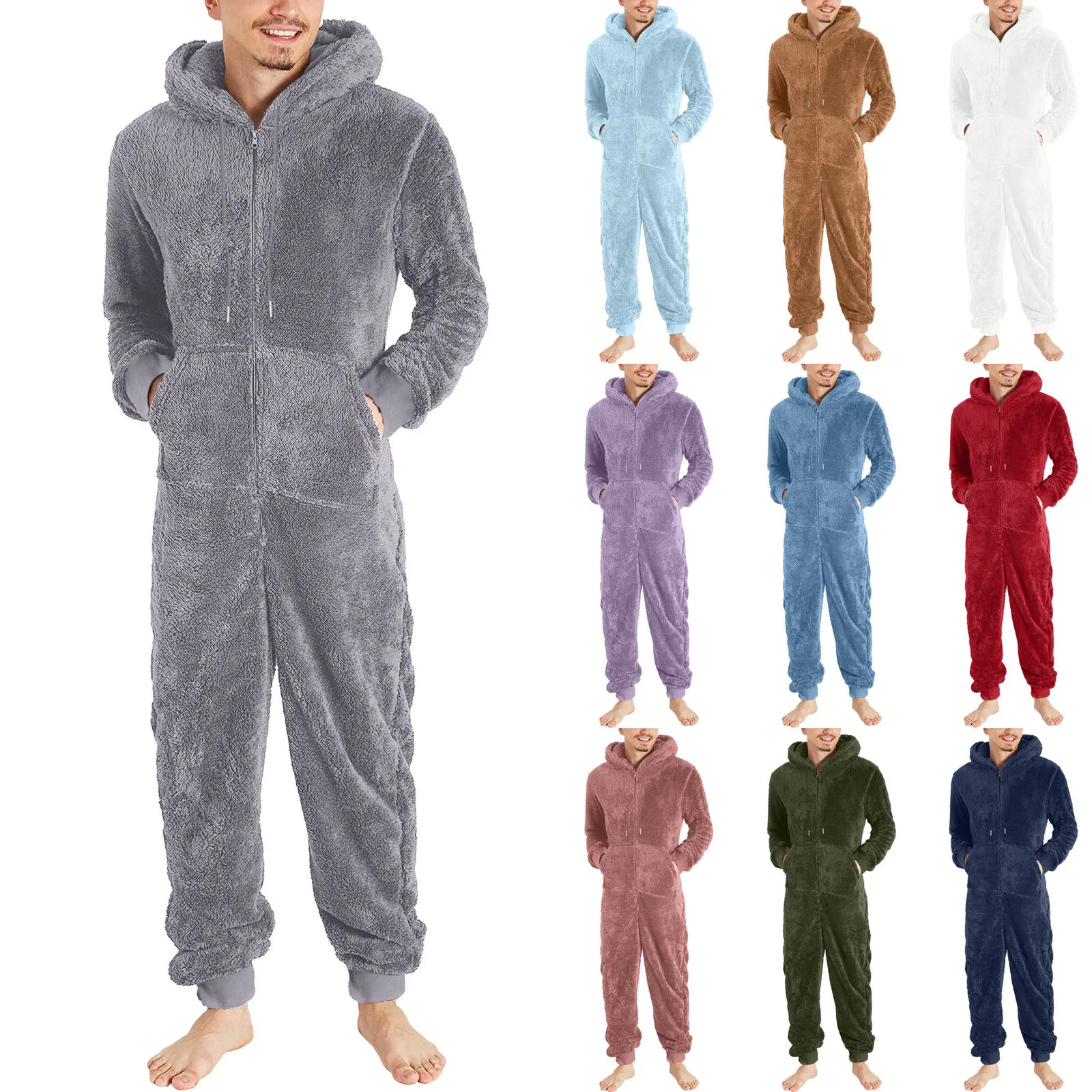 Men Fleece Artificial Jumpsuit Wool Pajama Casual Night-Robe Solid Color Nightgow Zipper Loose Hooded Winter Warm Peignoir Homme