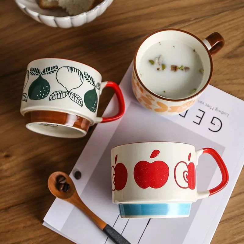 

2026 Japanese Flower Coffee Mug Set Retro Ceramic Milk Oats Mug Office Water Handgrip Cup Kitchen Party Drinkware Set