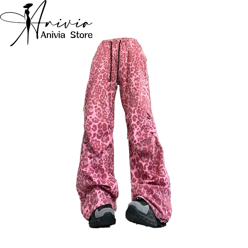 Women\'s Red Leopard Pants Jogger Harajuku Streetwear Sweatpants Loose Pants Y2k Retro 2000s Aesthetic Vintage Trousers Clothes