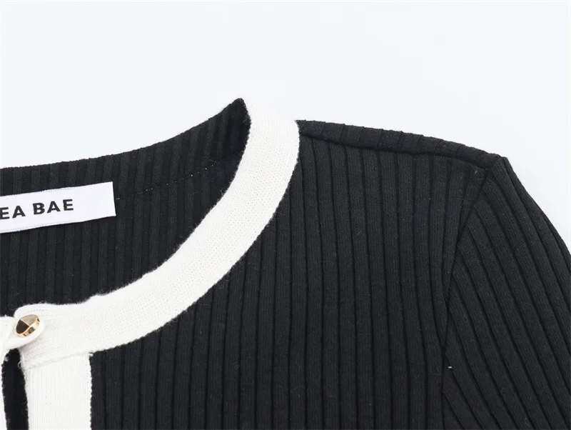 Women's Knitted Sweater Autumn Style Color-Block Panel Jacket Long Sleeve Crew Neck Single-Breasted Cardigan