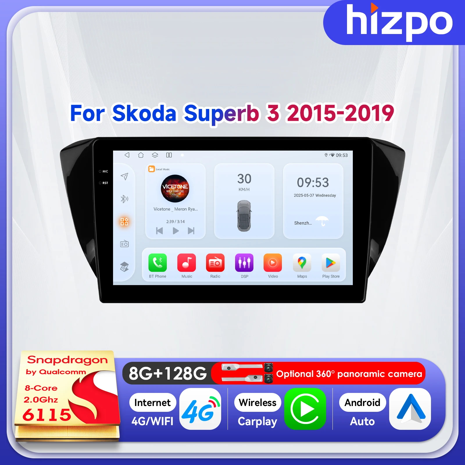 

Hizpo 10.1Inch Car Monitor Multimedia Screen For Skoda Superb 3 III 2015 - 2019 Headunit Carplay RDS Navigation DSP 6115 QLED 4G