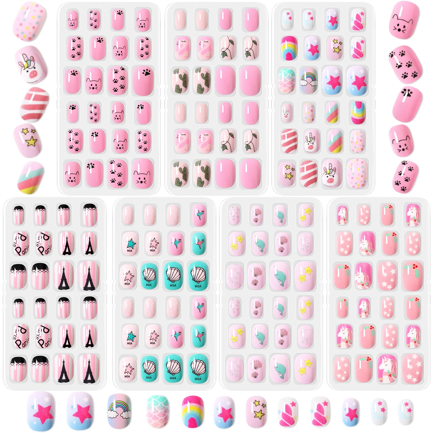 168pcs Kid False Nail Tips Cartoon Cat for Children Full Cover Kid Glue Self Fake Nail Art for Girls Manicure Tips