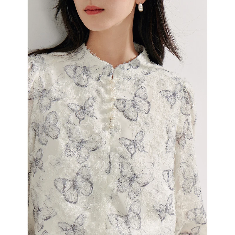 INMAN Neo-Chinese Style shirt 2024 Autumn women's blouses stand collar ink printing butterfly long-sleeve tops