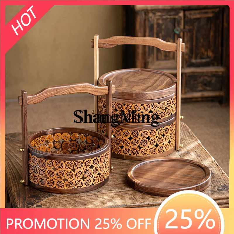 

FG good-looking Chinese dim sum carrying box walnut tea set storage box dustproof outdoor picnic basket lacquer food box