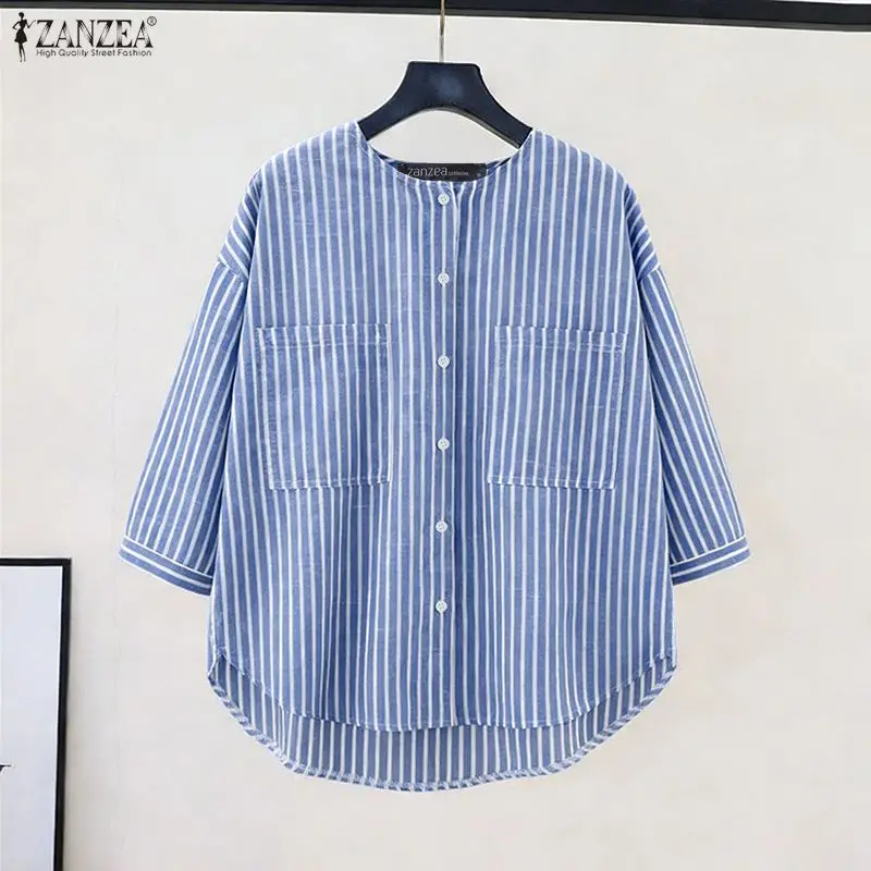 

ZANZEA Casual High-Low Shirts Women's O-Neck Drop-Shoulder 3/4 Sleeve Pockets Button Up Striped Shirt 2026 Summer Woman Clothes