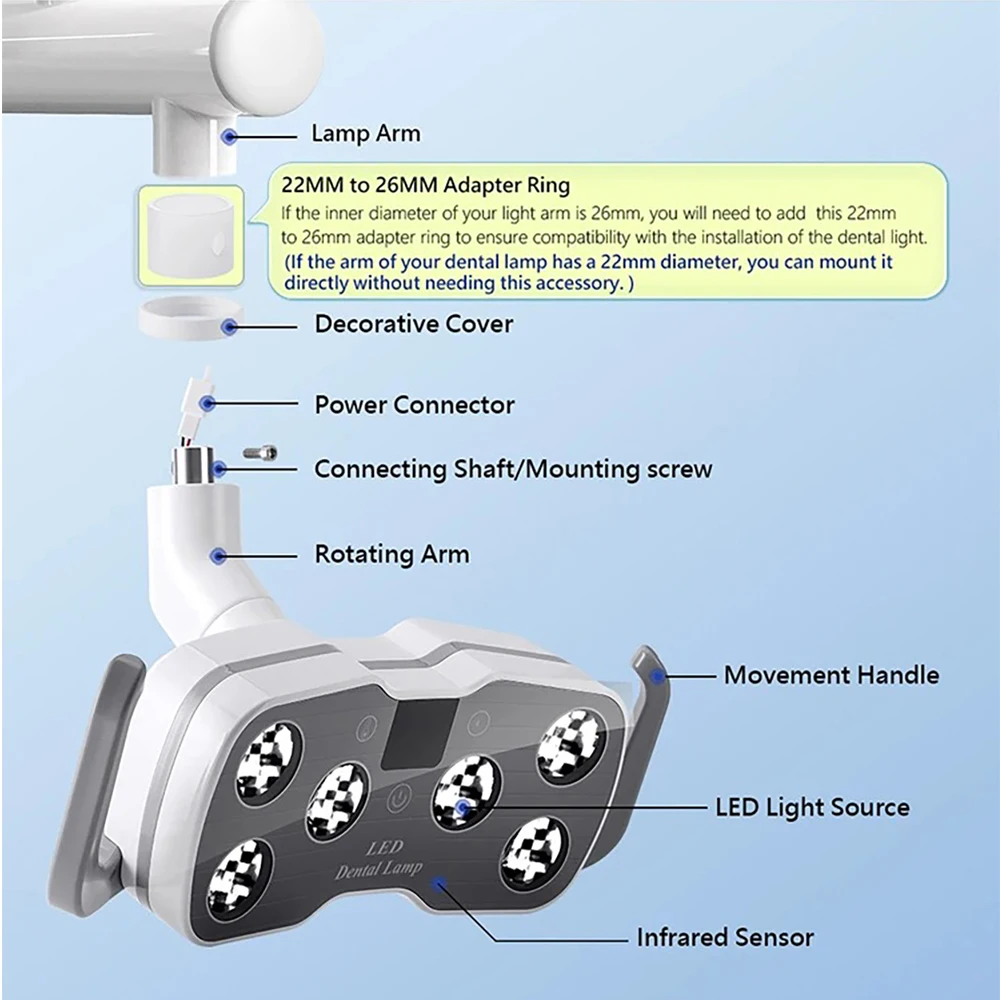 LED Dental Oral Light with Digital Display, 8-Level Dimmable, Infrared Hands-Free Operation, Uniform Shadowless Illumination, 22