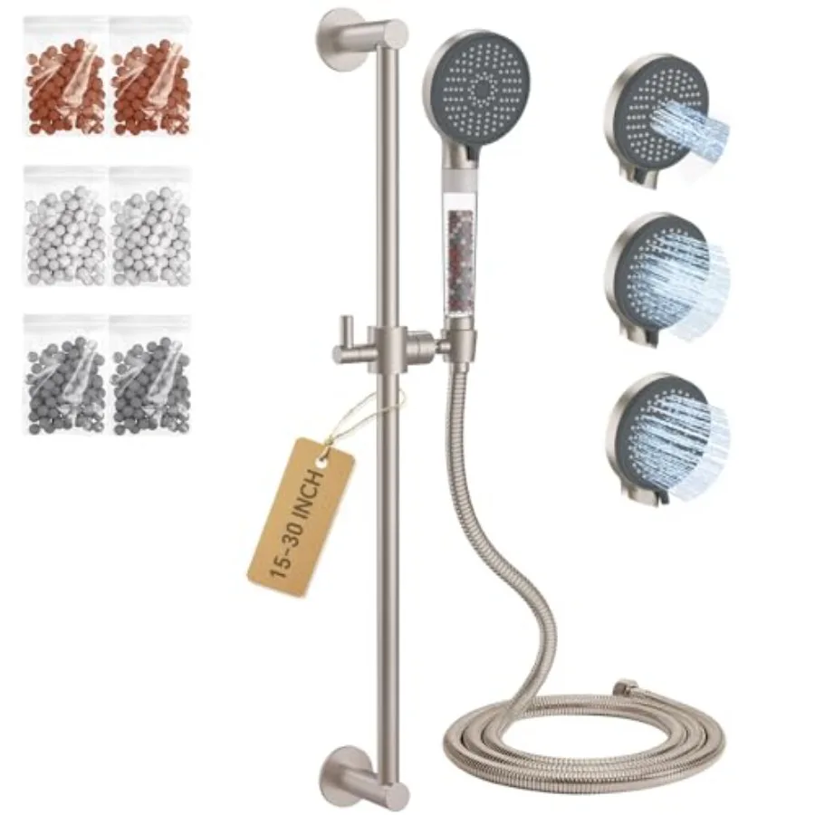 

Handheld Showerhead Set for Bathroom: Brushed Nickel, Stainless Steel, 3-Mode Spray, 30-Inch Slide Bar, Long Metal Hose, Includ