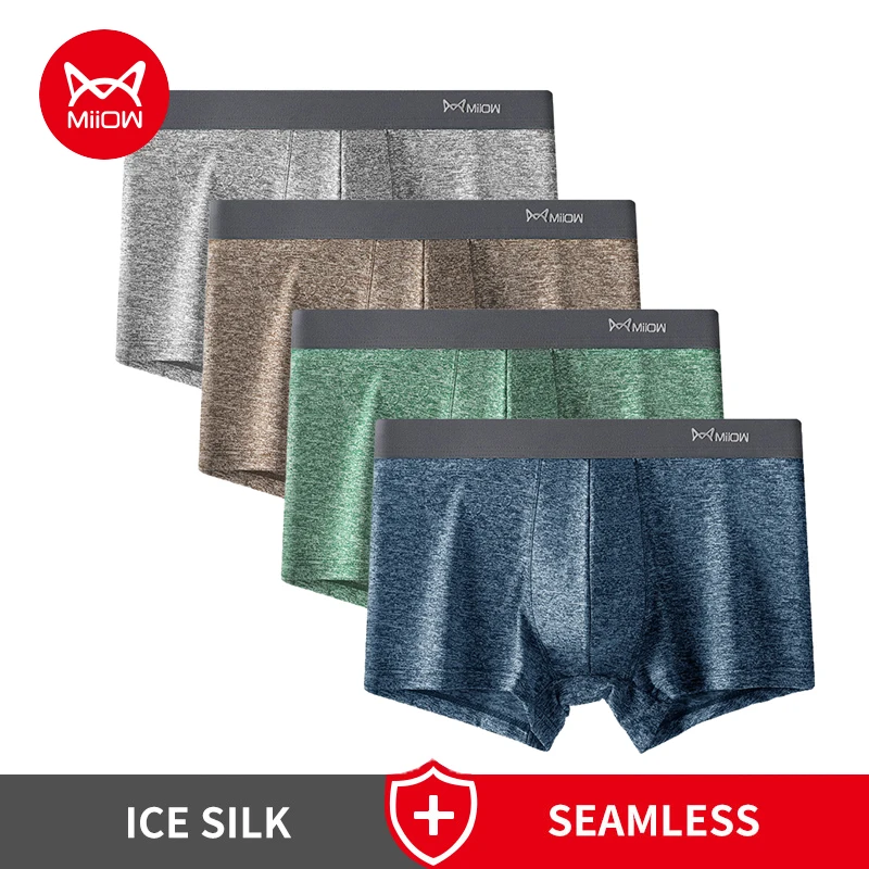 MiiOW 4Pcs Ice Silk Seamless Sexy Men Underwear Boxers AAA Antibacterial Men\'s Panties Underpants Male Breathable Boxershorts