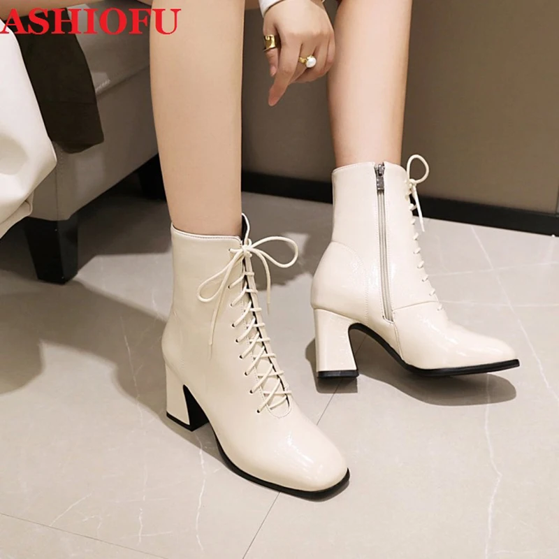 ASHIOFU Hot Handmade New 2023 Ladies Thick Heel Boots Daily Wear Party Prom Ankle Booties Large Size Fashion Winter Short Boots