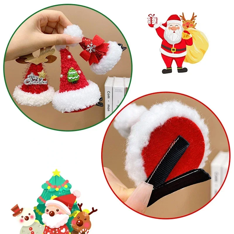 Christmas Hairpin Headdress Adult Children Alligator Clip Red Hat Santa Deer Ear Hairpin Girl Women Sweet Plush Hair Accessories