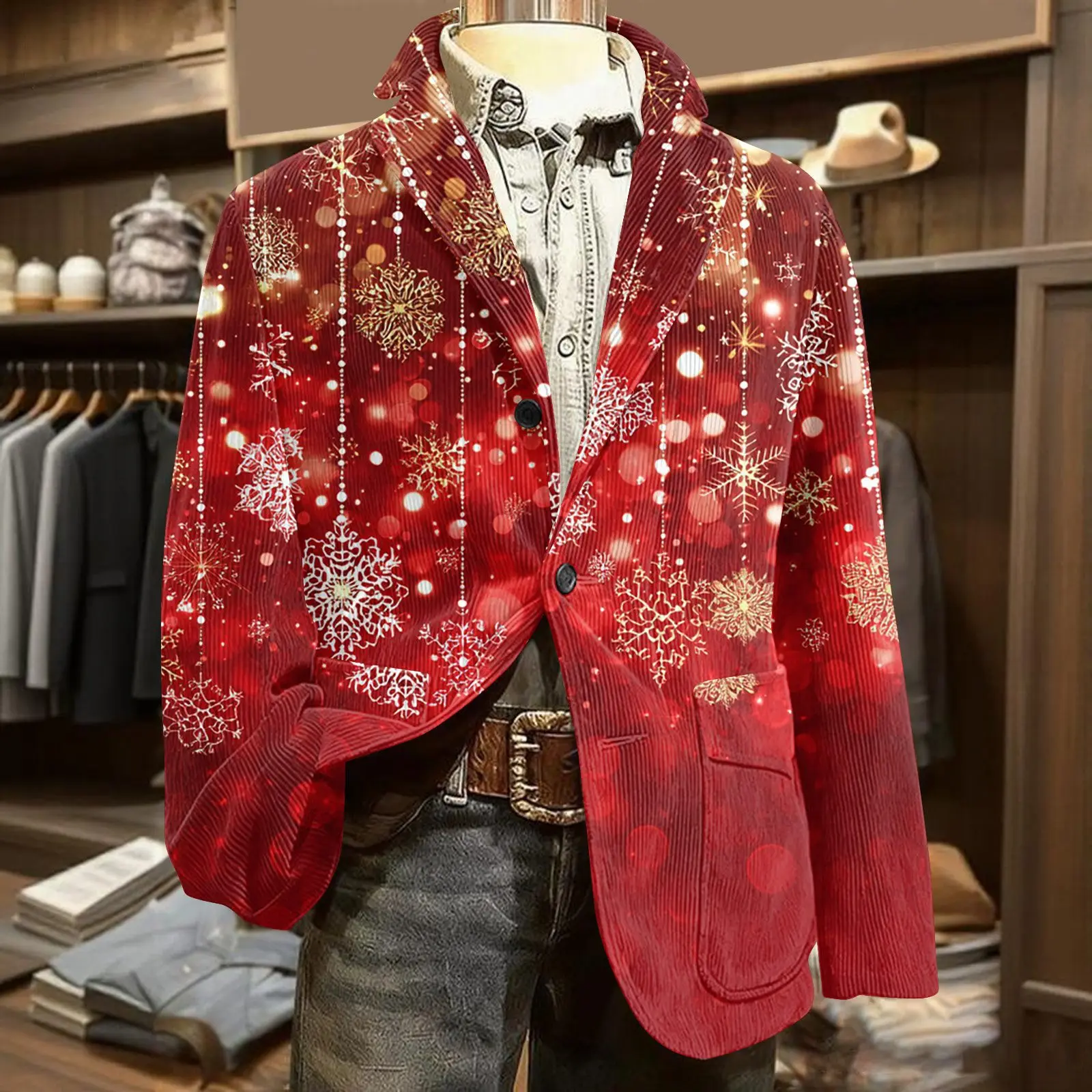 

Мужской пиджак с рождественским блестящим принтом снежинки, вельветовая повседневная куртка, модная мужская одежда, стильный праздничный пиджак для отдыха