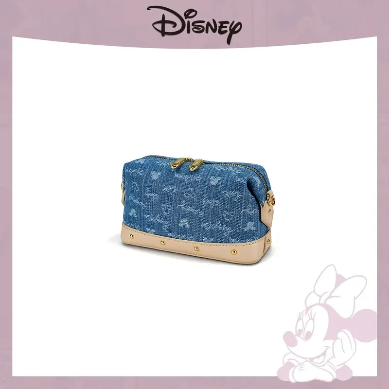 Anime peripheral Disney blue denim Mickey cylindrical printed casual makeup bag box bag with two shoulder straps