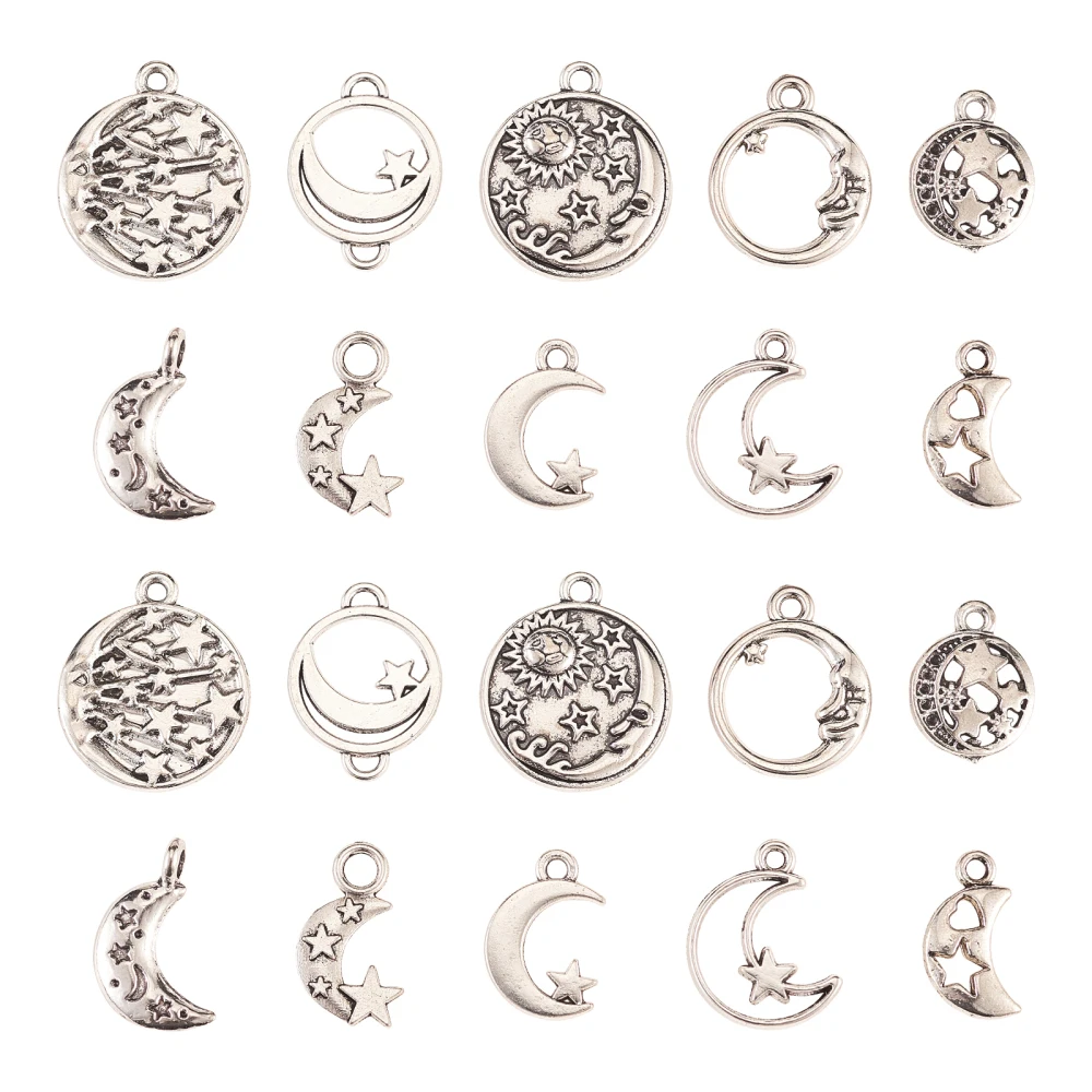 PandaHall  100pcs Anique Silver Moon Charms Mixed Styles Tibetan Sun Moon Star Charms for Jewelry Making Bulk