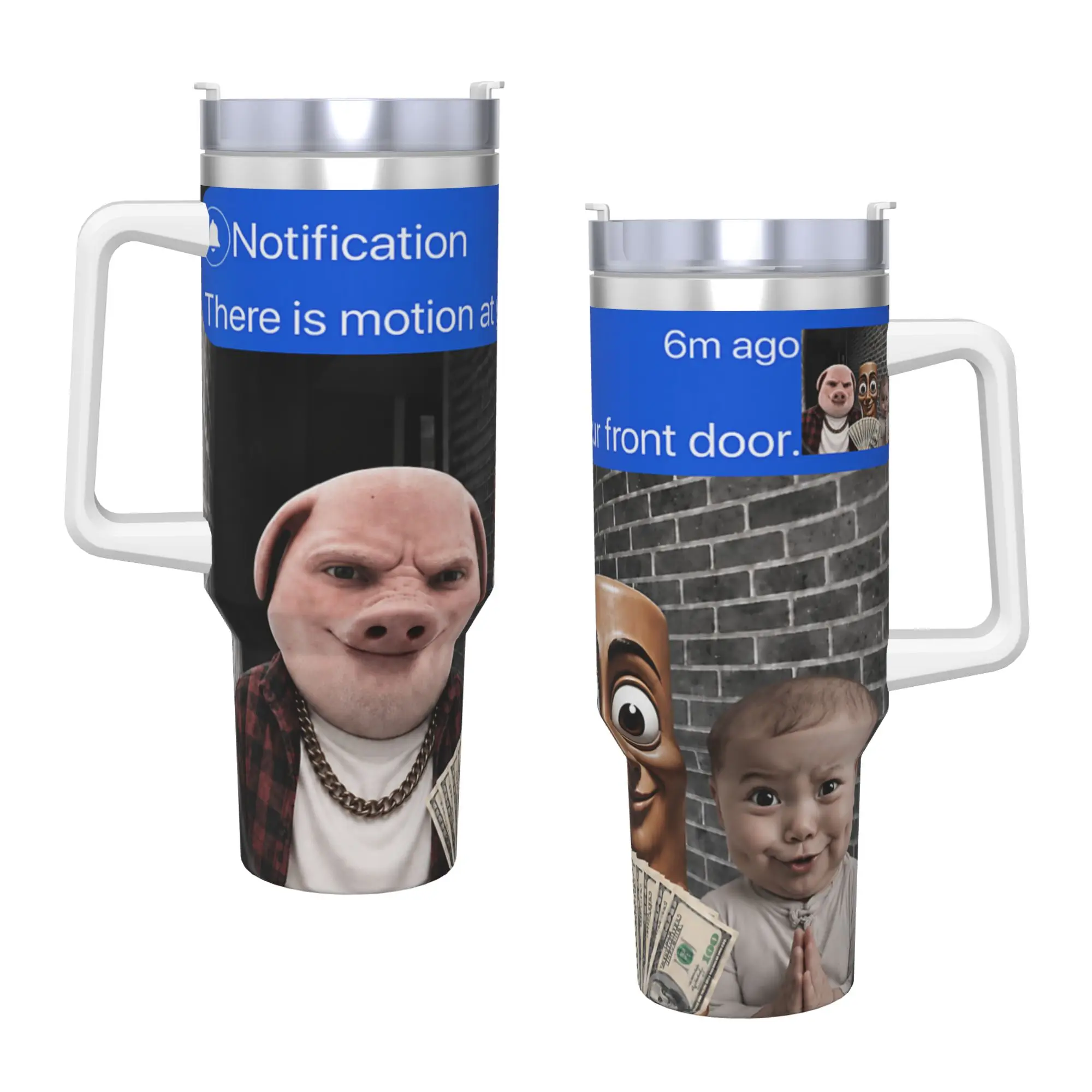 Motion at Your Front Door Tung Sahur John Pork Ai Baby Meme Stainless Steel Tumbler Beach Car Mugs Large Thermal Mug