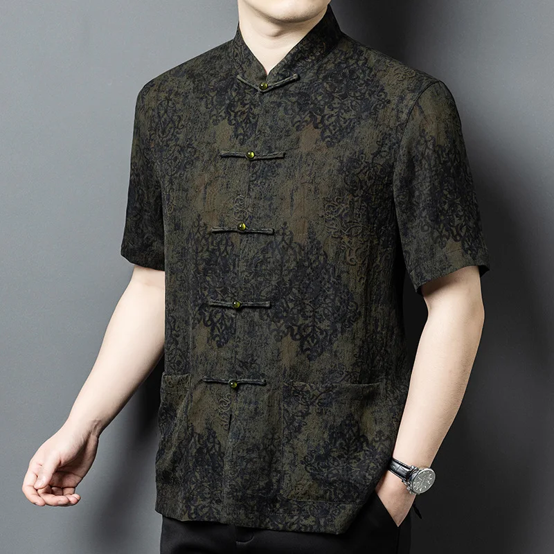 

Real Silk Men's Summer Gambiered Guangdong Short-Sleeved Suit Shirt Middle-Aged Loose Casual Dad Men