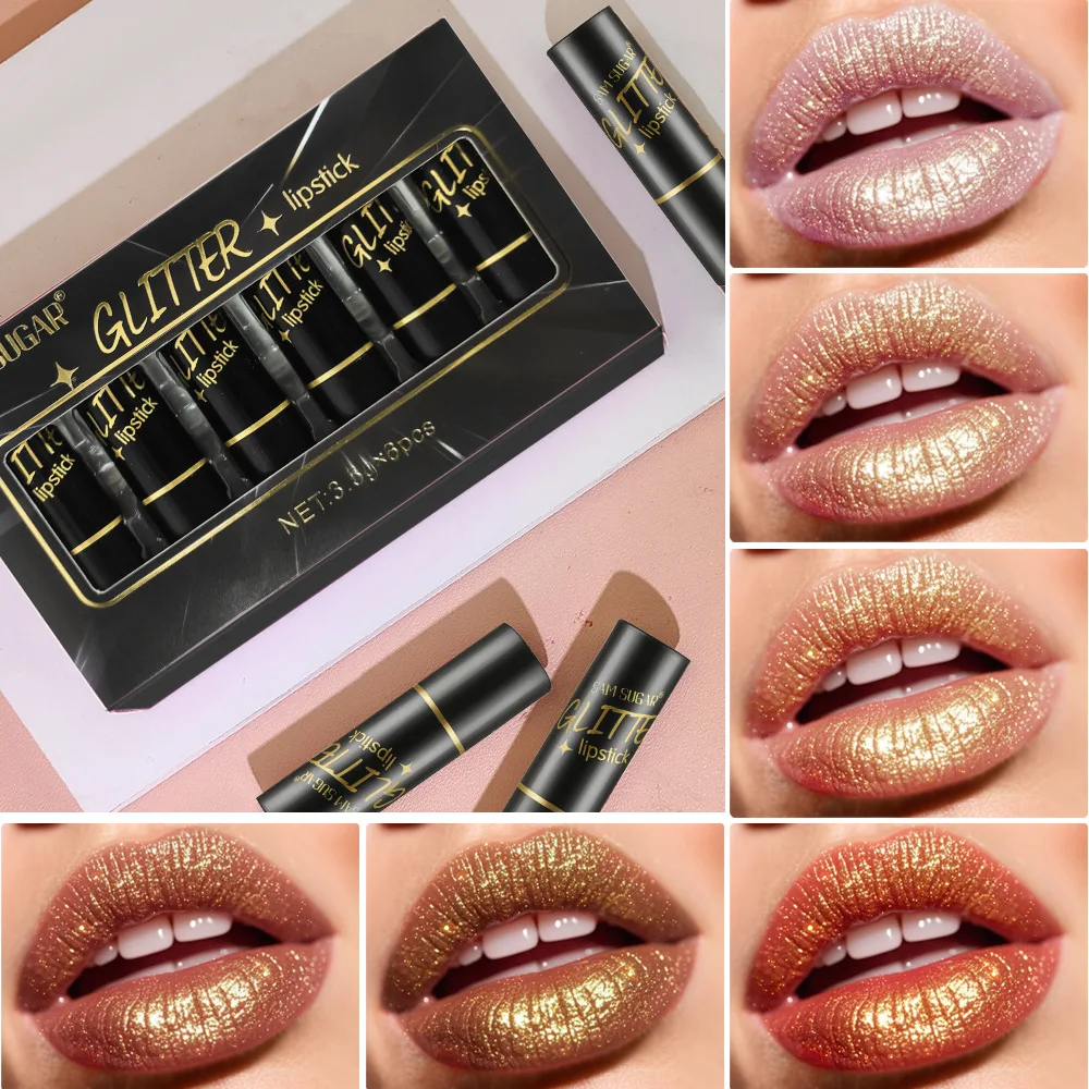 Shimmer METALLIC ลิปสติกชุดกันน้ํา Glitter High Pigment SHINY Sparkling Pearl Lipgloss แต่งหน้าติดทนนาน