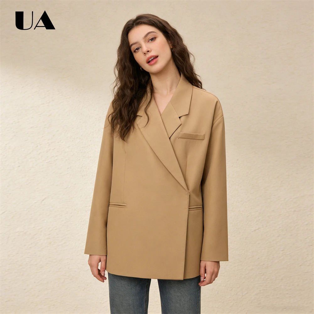 

UR Trendy Long Sleeved Women's Oversized Blazer Losse Fit Double-Breasted Laple Blazer Casual Jacket Solid Color with Pocket