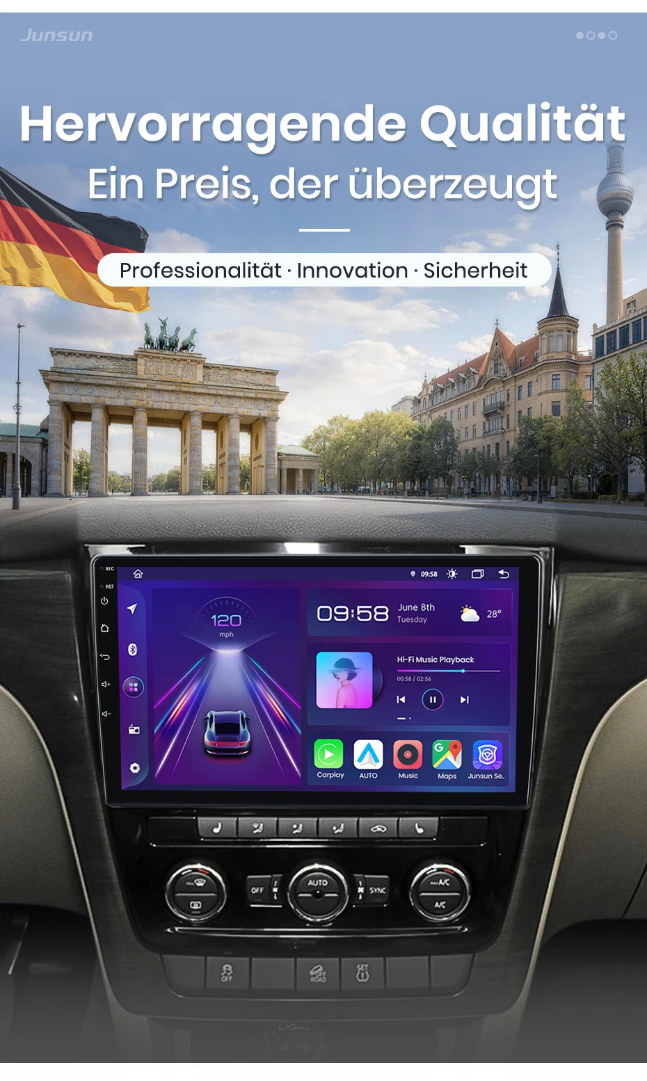 Junsun 10 Zoll Android 15 Autoradio für Skoda Yeti 5L 2009-2014, kabelloses Apple CarPlay, Auto-IPS-Bildschirm, Stereo-Multimedia-Videoplayer, intelligente Fahrzeugsysteme, 2-DIN-Autoradio-Haupteinheit, GPS-Navigation, BT, 4G, WLAN, 8-Kern-Prozessor, FM, AM, DSP, RDS, SWC, DAB+ – Detail 2