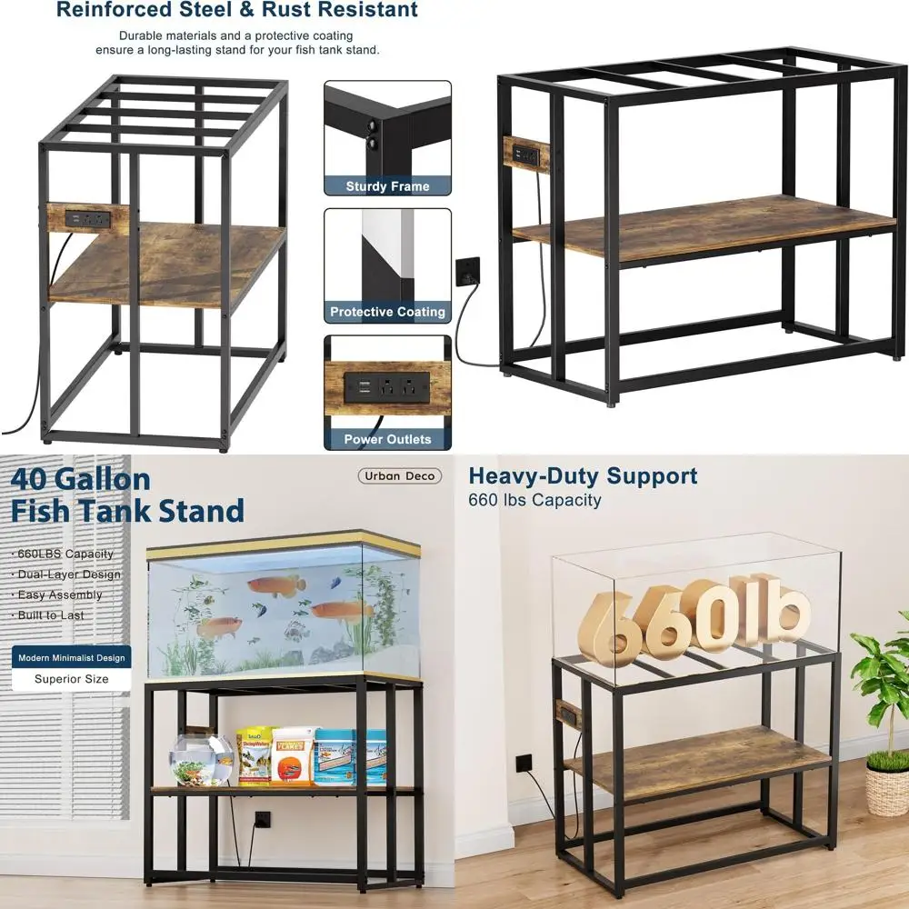 

Dual-Layer 40 Gallon Aquarium Stand with Power Outlets, Rustic Brown, Supports Up to 660 lbs