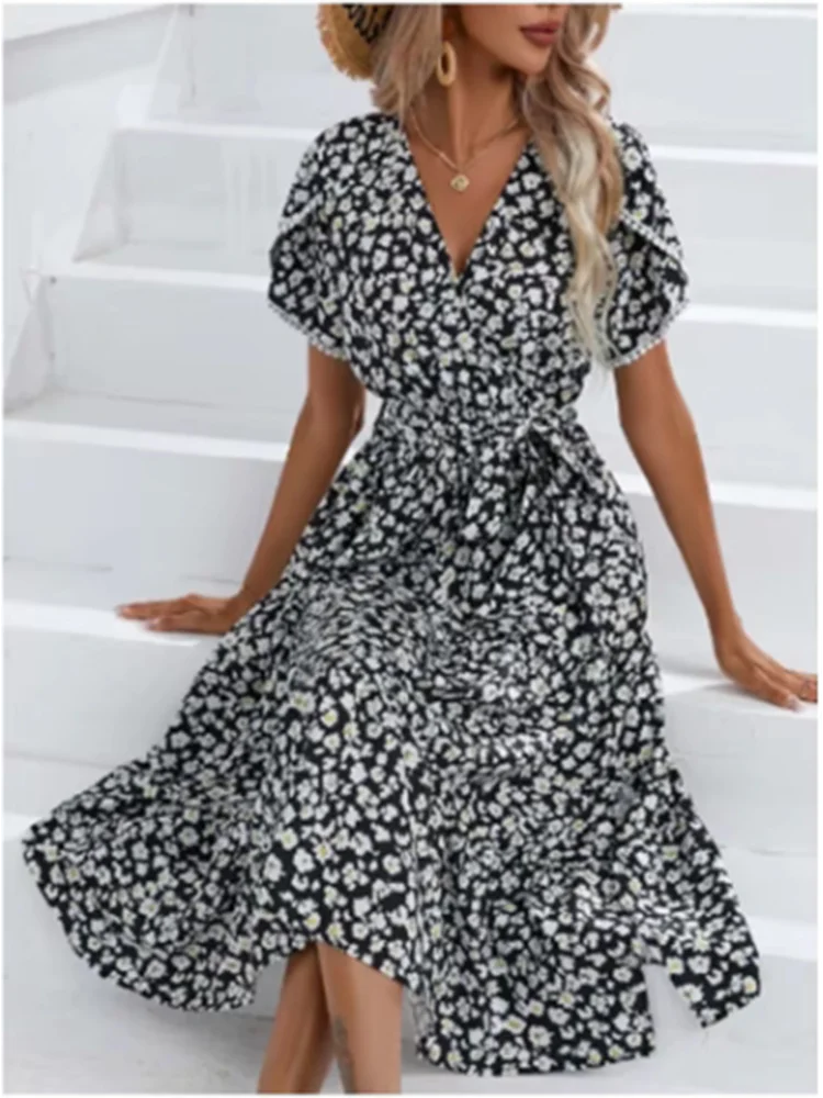 

Nice Fashion V-neck Flower Short Sleeve Dress Women's Beach Vacation Bohemian Style Summer Dresses