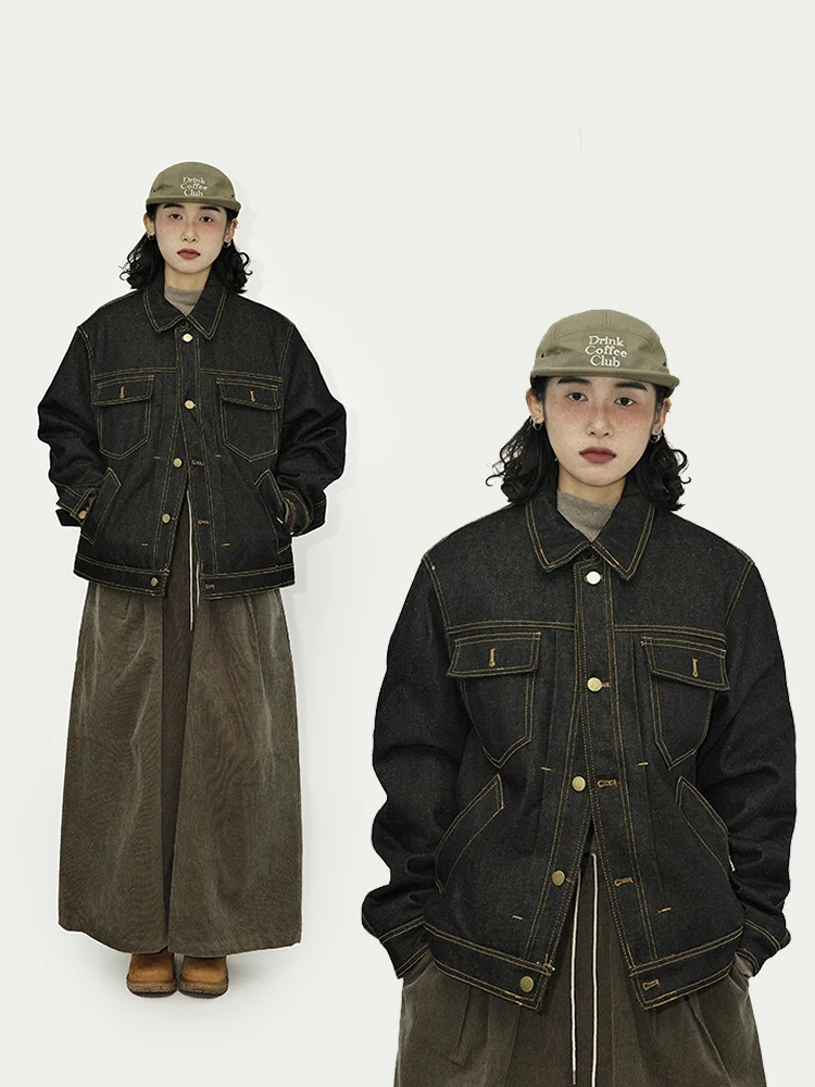 

Guluwo Thiened Waed Denim Color Cotton Jaet Retro Japanese Sle Warm Winter Coat Street Sle Loose Fit Long Sve