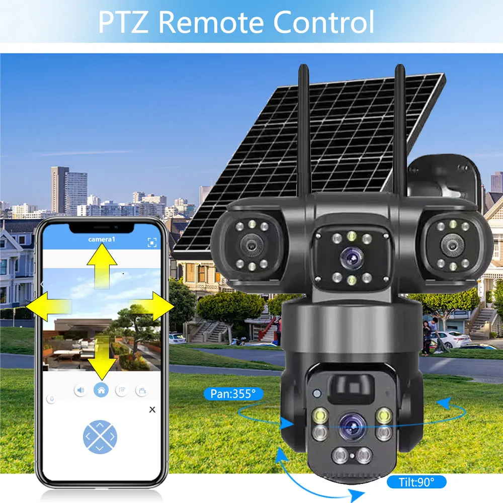 8K 15MP 3 Lens 3 Screens Wifi Or 4G Sim Solar Camera Outdoor Surveillance Wireless Cctv PTZ IP66 Security Solar Panel Cameras