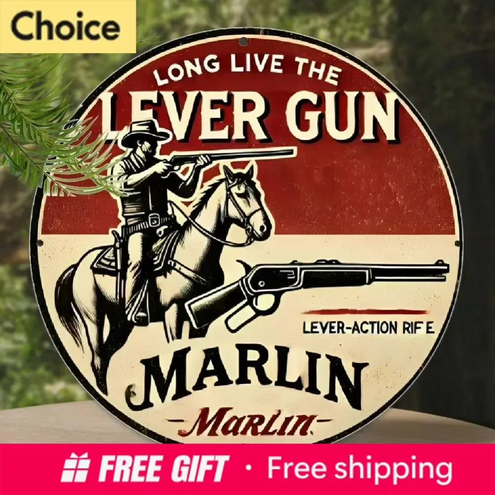 2026 Vintage Marlin Lever Action Rifle Retro Metal Wall Art, Round Rusty Cowboy Gun Decorative Tin Sign, Rustic Western Firea