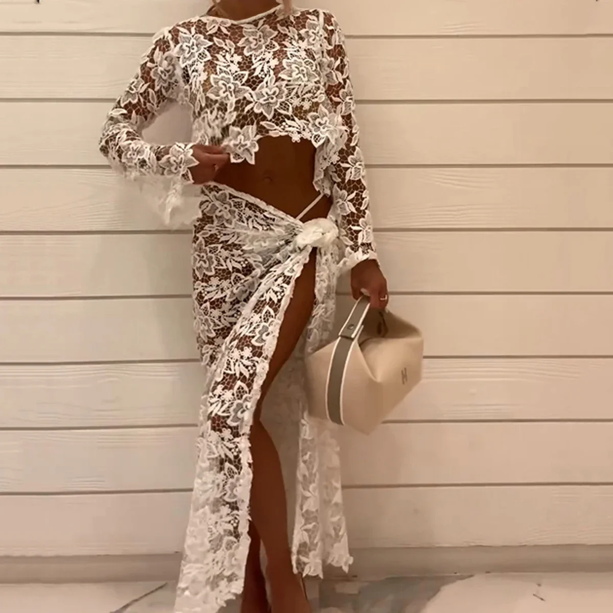 

2025 Lace Perspective Sexy Lace Up Vacation Style Exposed Navel Top, Split Skirt Four Piece Set, Summer Women's Clothing