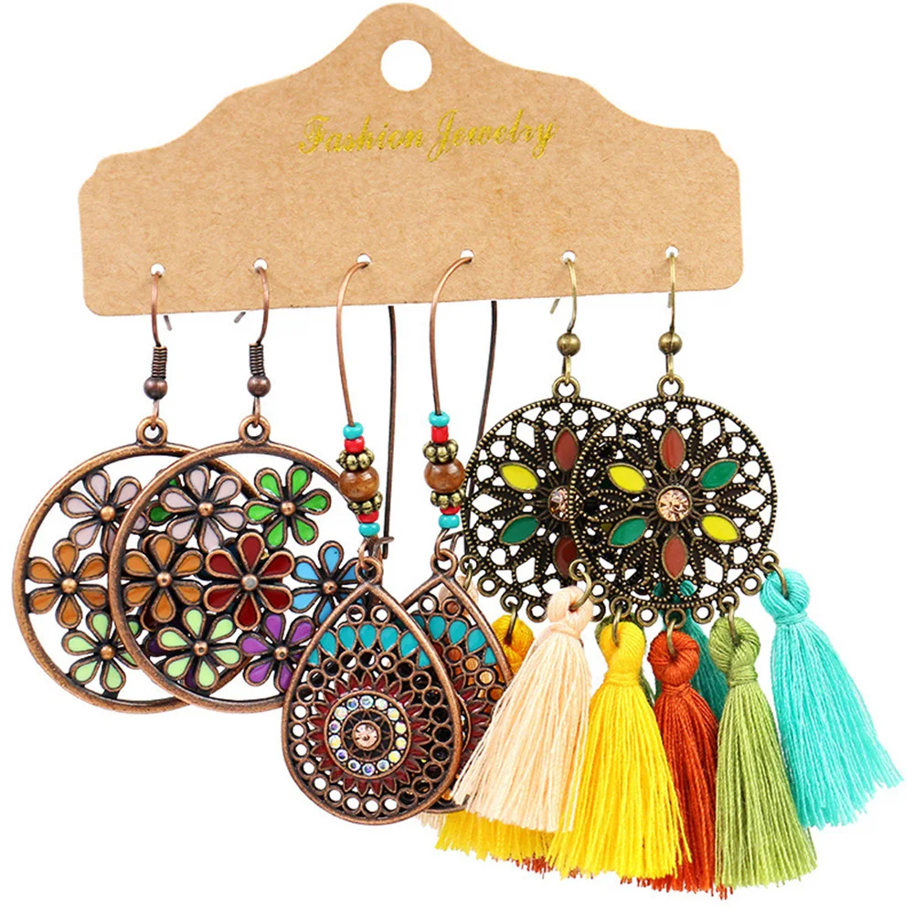 Colorful Tassels Earrings Set Ethnic Women Geometric Round Bronze Metal Drop Vintage Boho Wholesale Jewelry Party Gifts