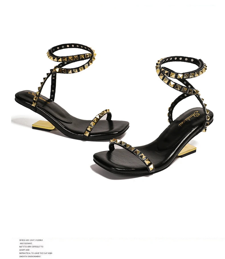 

Black Minimalistic Single-strap Studded Hollow-back Sandals for Women, 2026 Summer New Vintage Soft-soled Roman Sandals