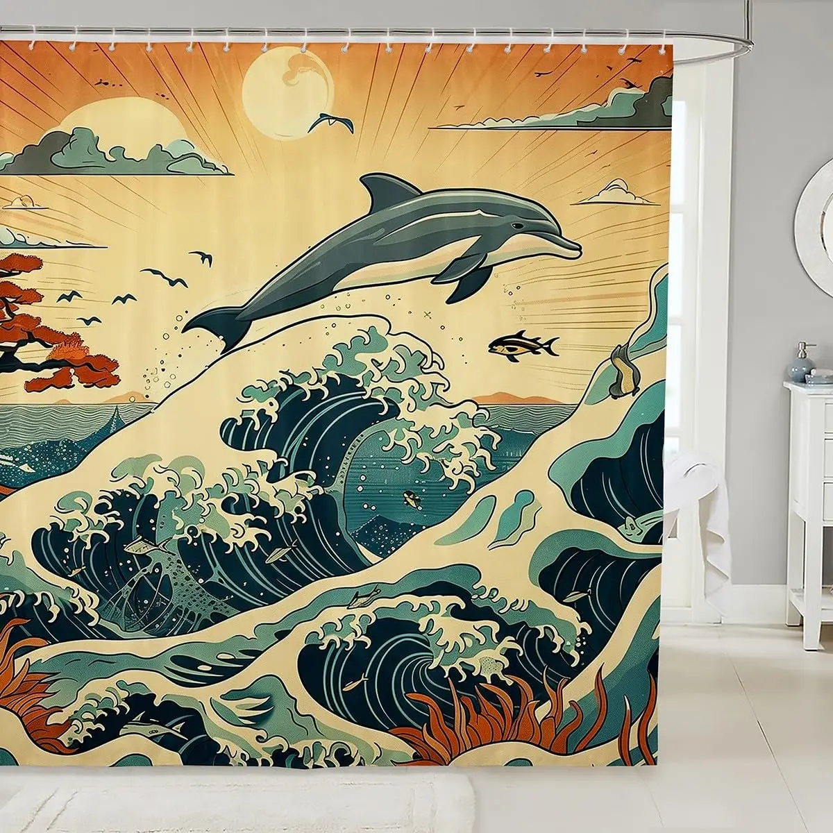 

Dolphin Jumping Over Ocean Waves Shower Curtain with Sunrise Sky and Seabirds Artistic Marine Scene for Bathroom Decor