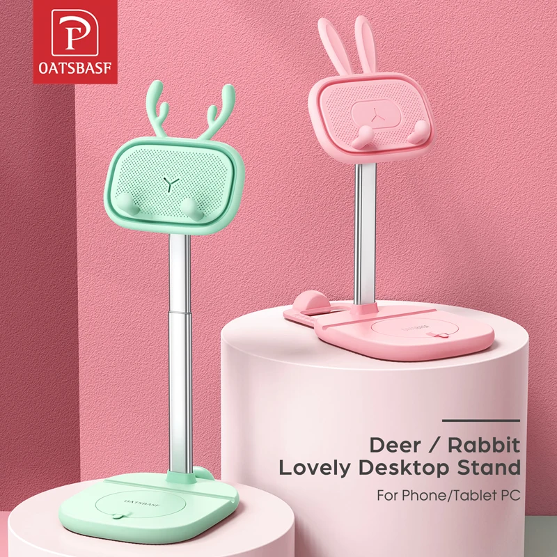 OATSBASF Cute Bunny Phone Holder for desk For iPhone Xiaomi Tablet with Makeup Mirror Lovely Adjustable Phone Switch Stand